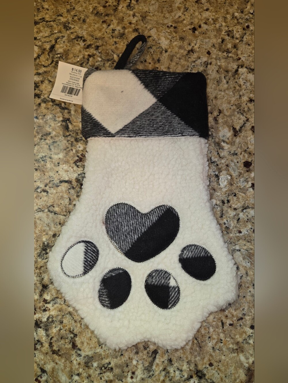 NWT Black and White Plaid Dog Paw Christmas Stocking For Pets